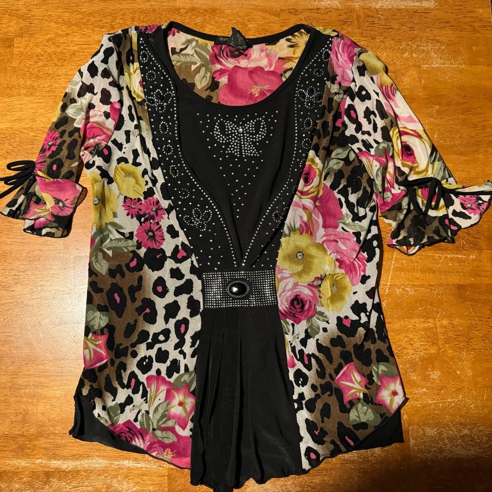 Petite Women's Flowy Leopard Cheetah Floral Print Blouse sparkle Embellishments